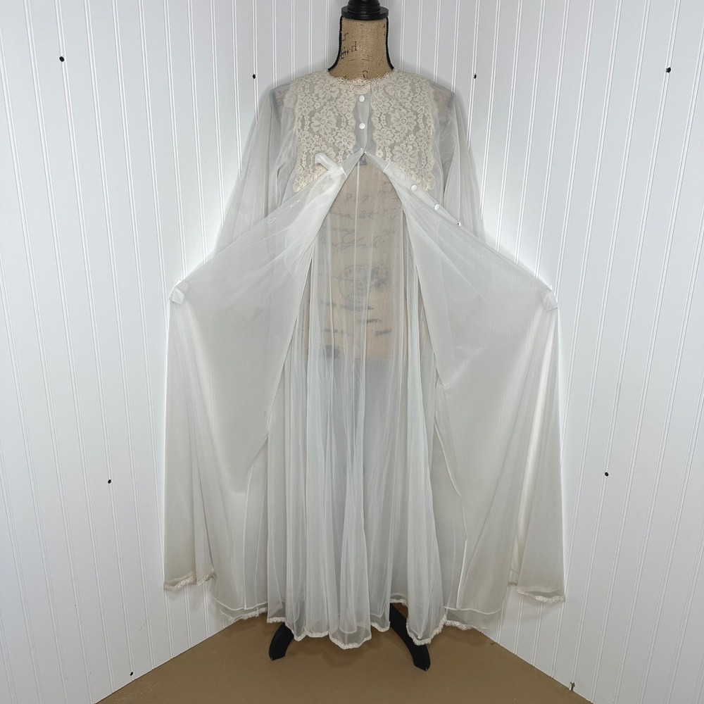 Vtg Gossard Artemis Nightgown Robe Sheer Peignoir Ivory Lace Chiffon Bridal Sz S